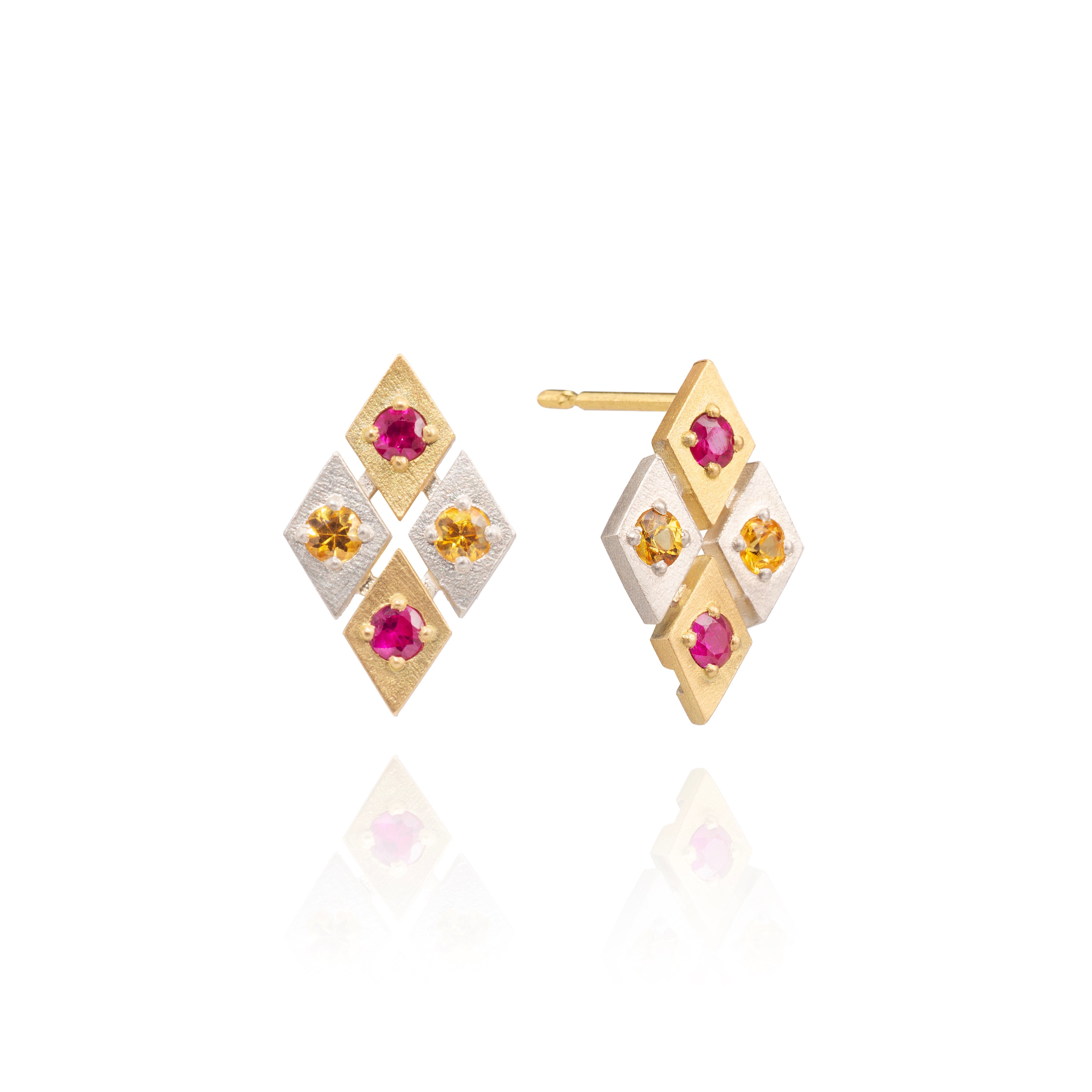 Mini Harlequin Studs with Rubies + Sapphires