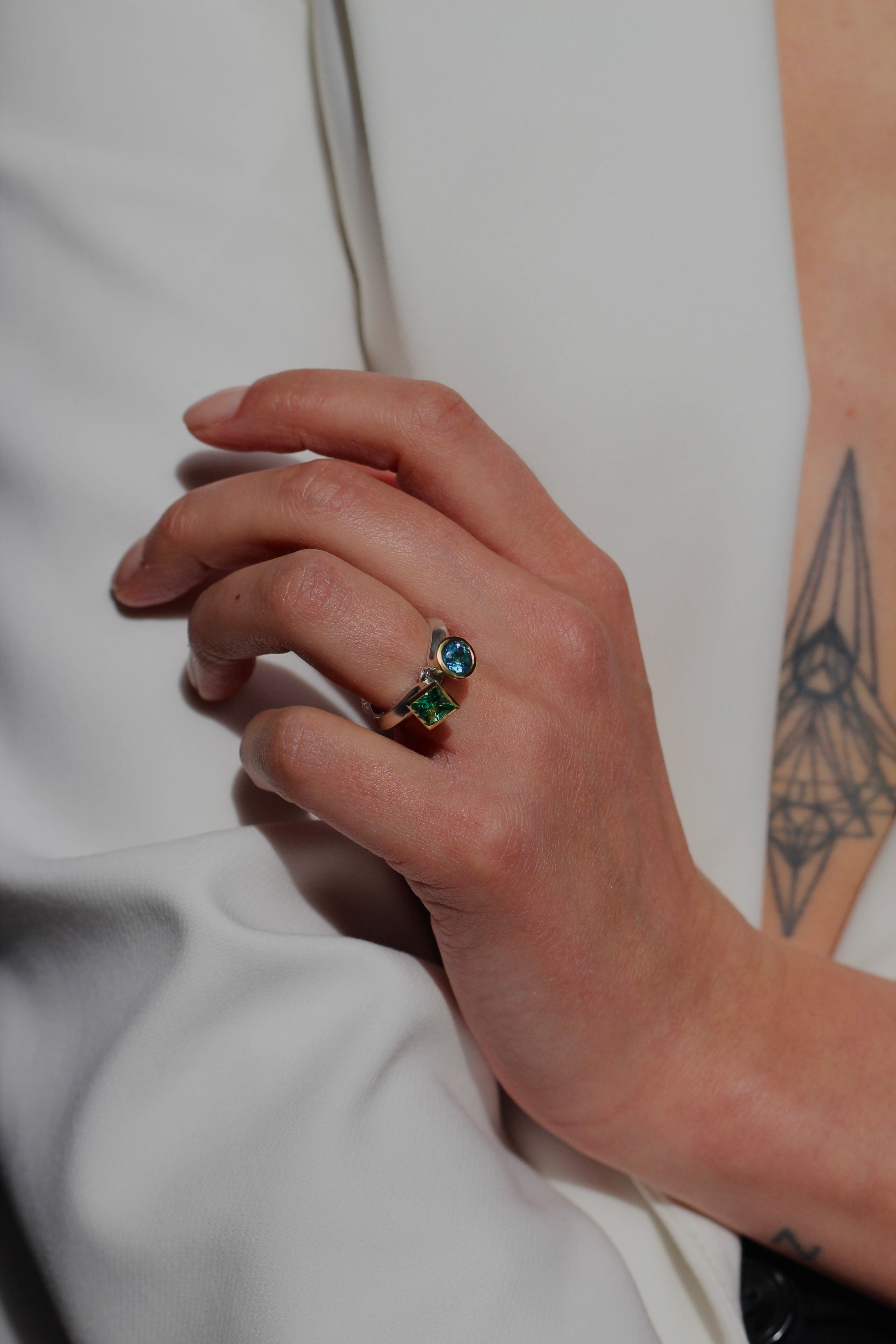 Colours Toi et Moi Ring with Blue Topaz and Green Tsavorite