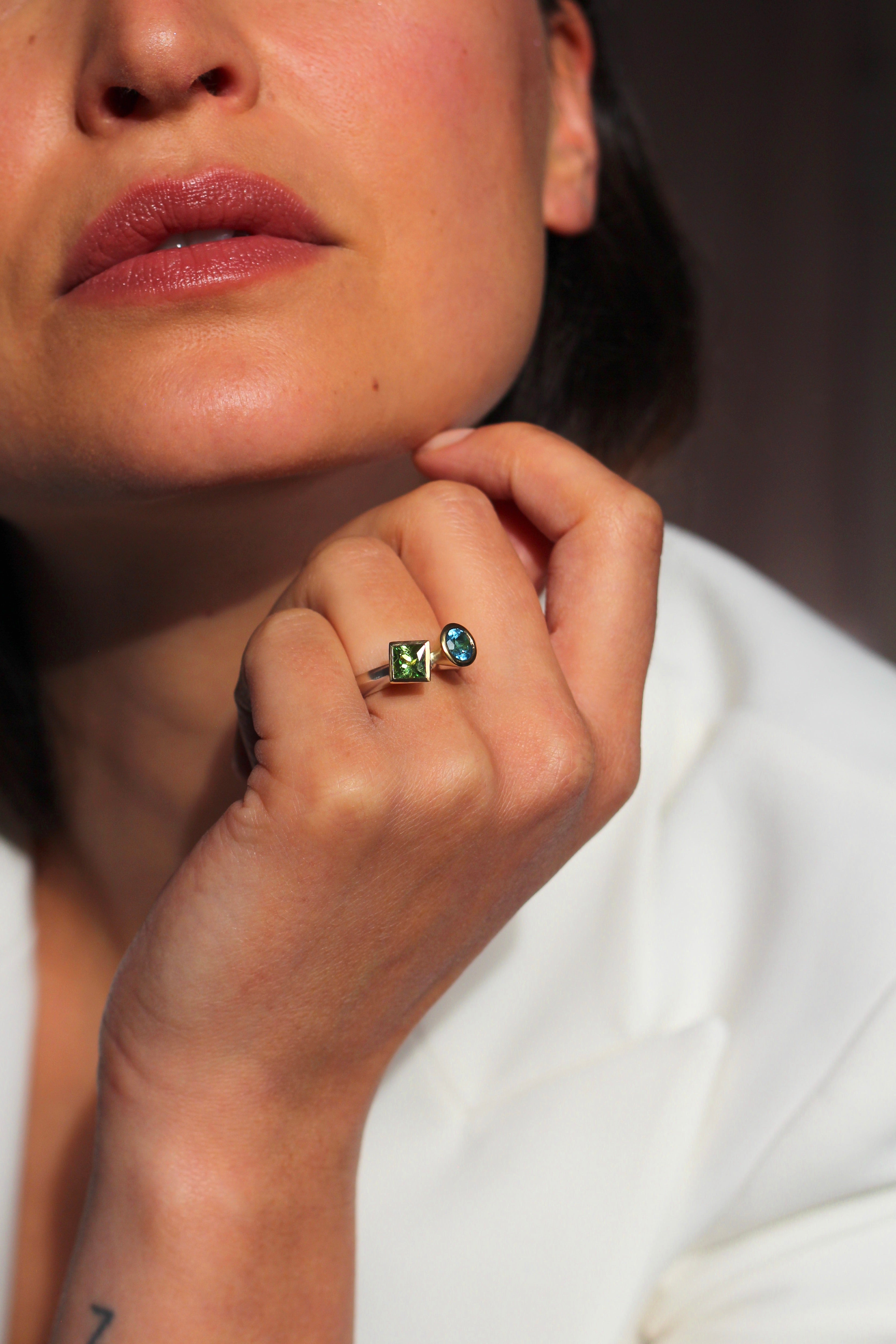 Colours Toi et Moi Ring with Blue Topaz and Green Tsavorite