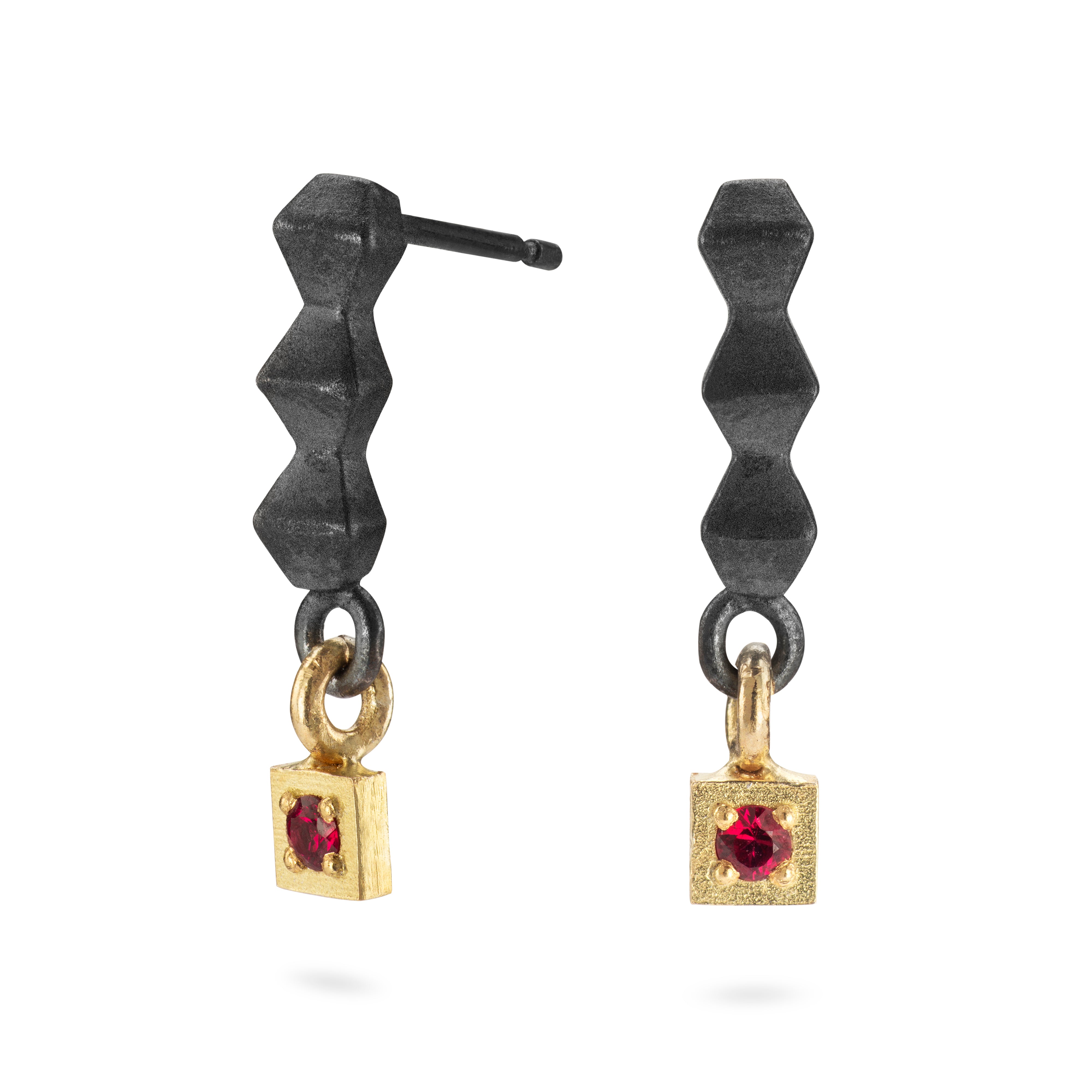 Black Pyra Drop Earrings + Ruby