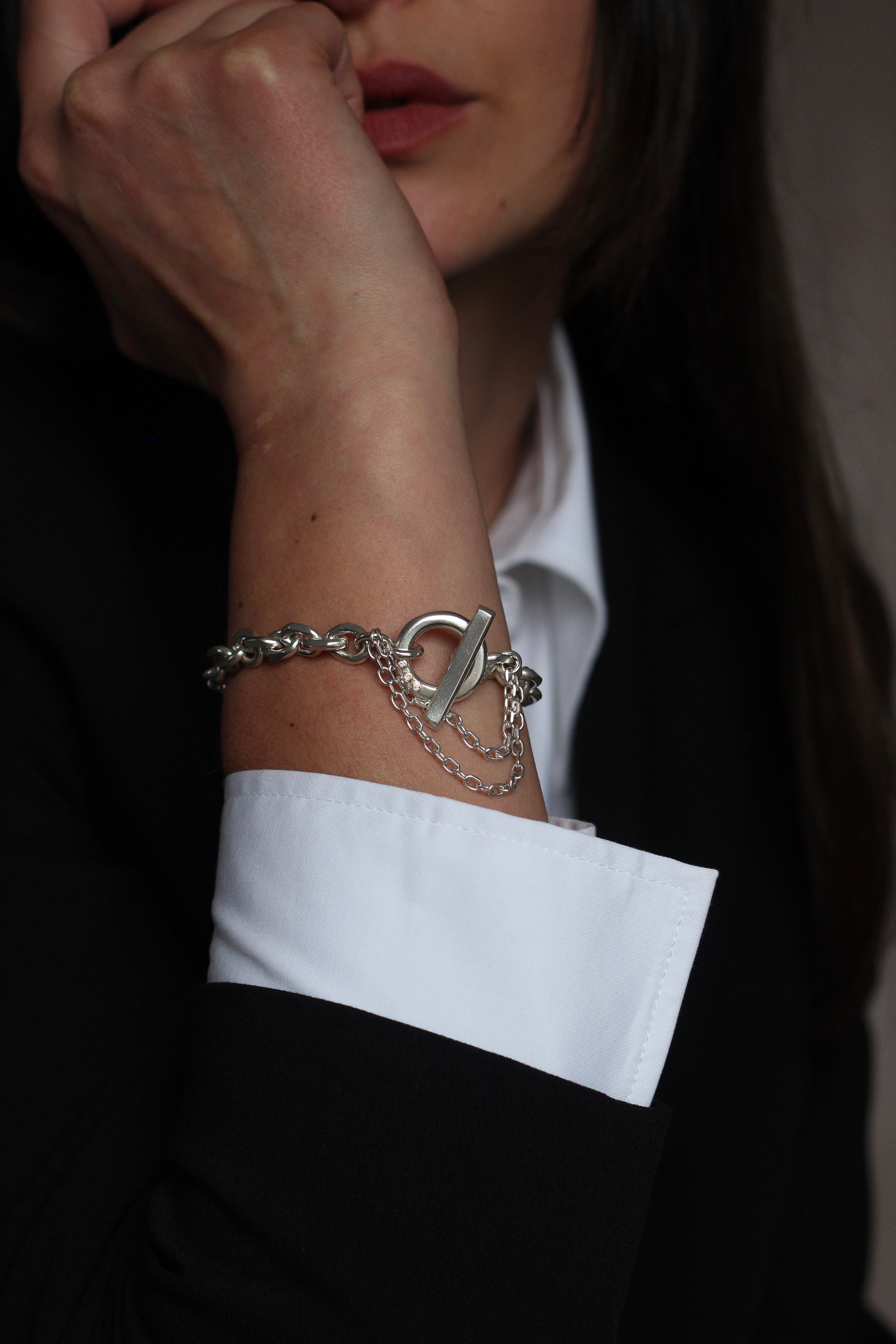 RTW Chunky Silver and 18ct Gold Diamond Bracelet with Chain