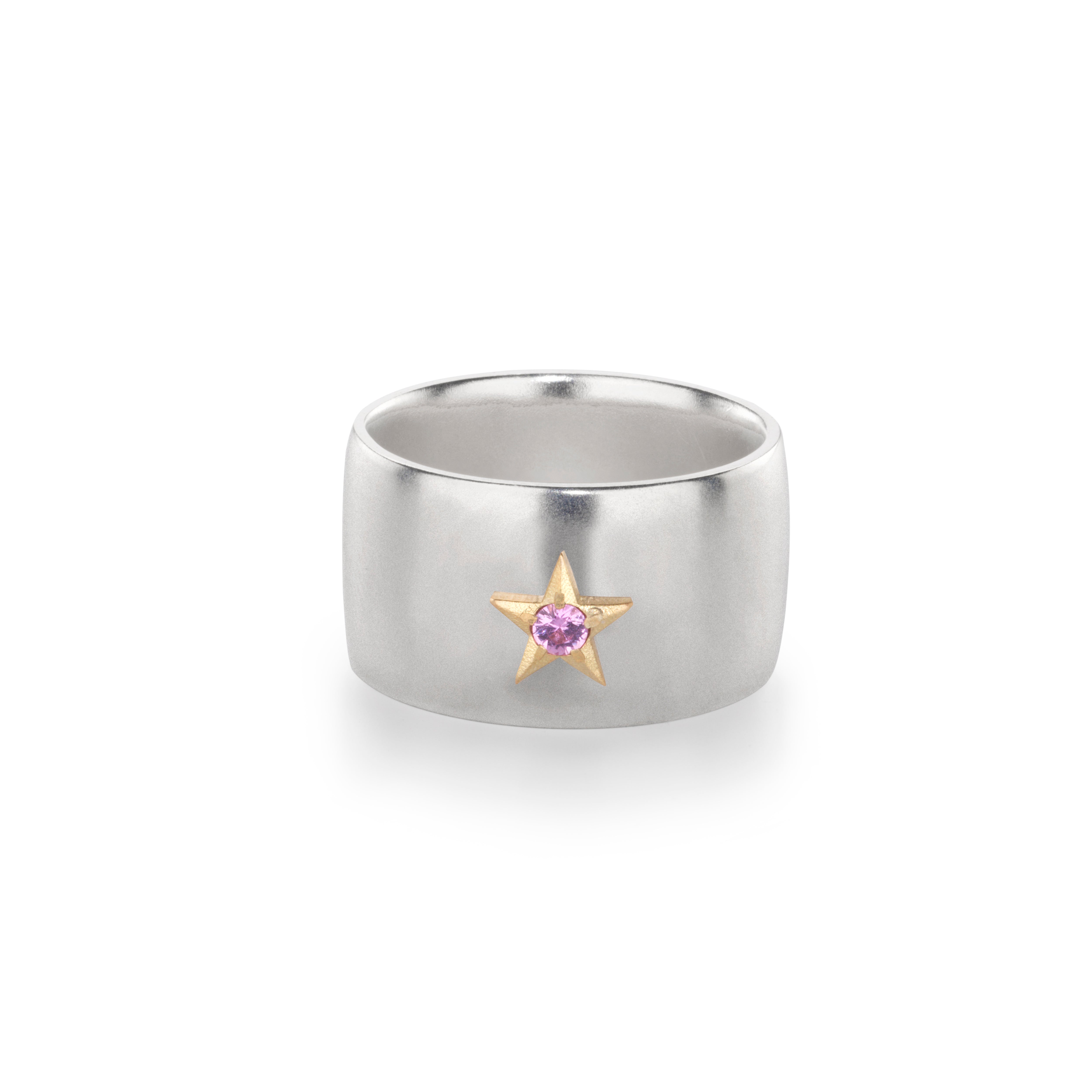 Stella Silver Band with Star + Pink Sapphire