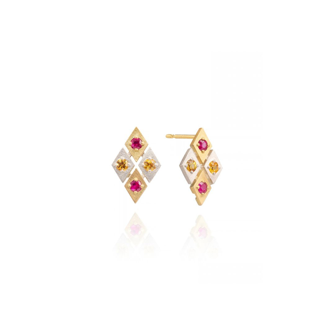 Mini Harlequin Studs with Rubies + Sapphires