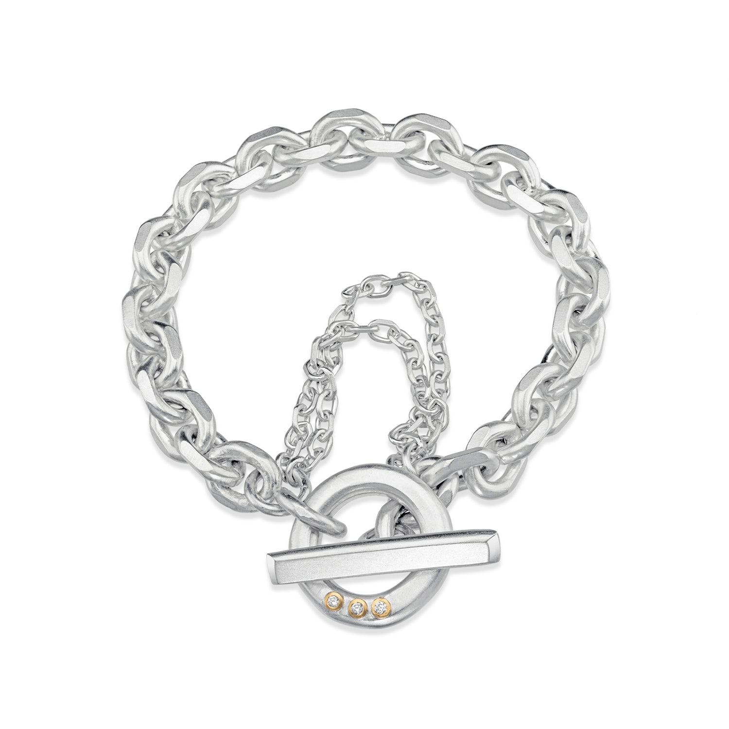 Chunky Silver and 18ct Gold Diamond Bracelet with Safety Chain