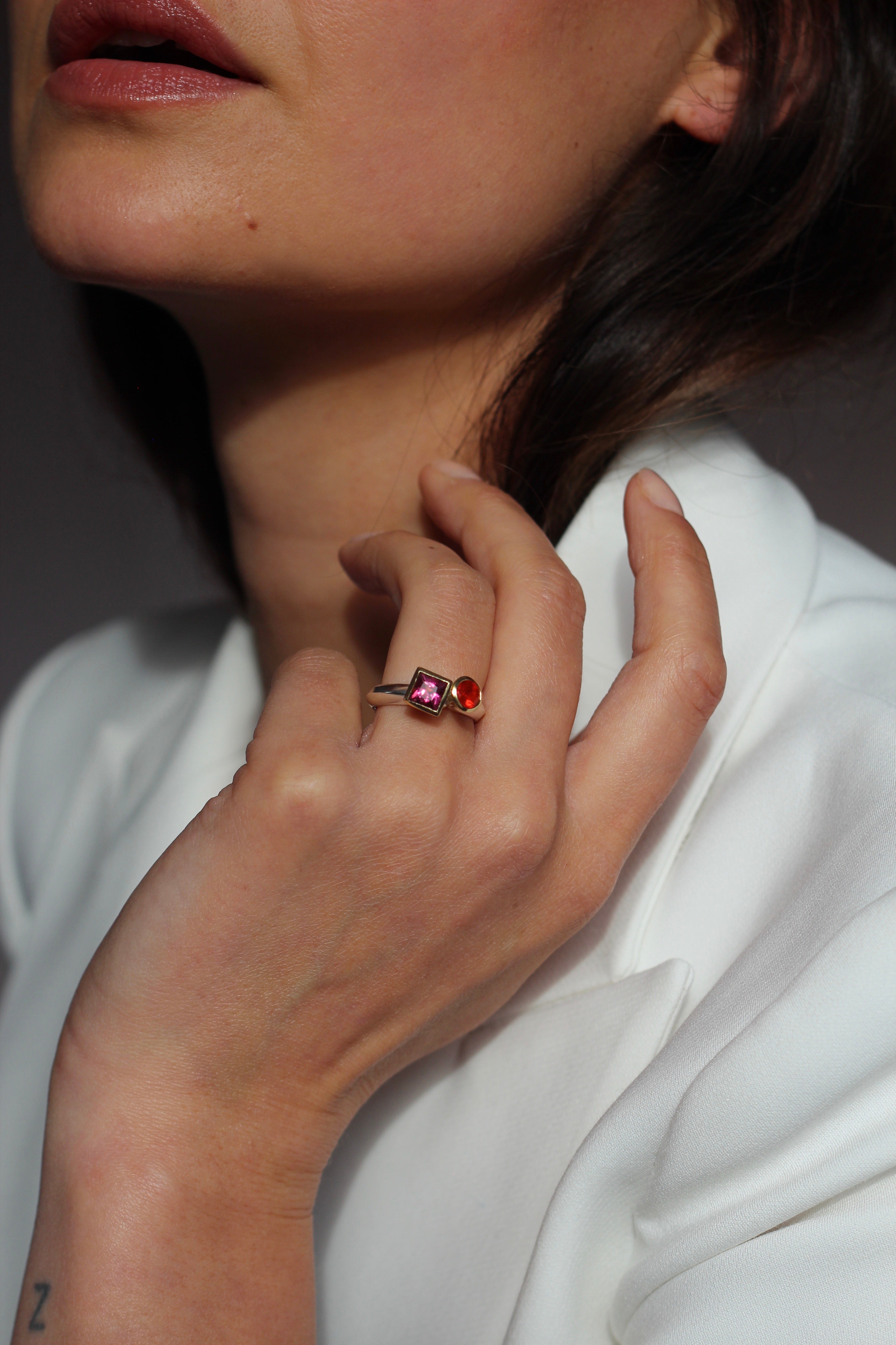 Colours Toi et Moi Ring with Fire Opal and Pink Tourmaline