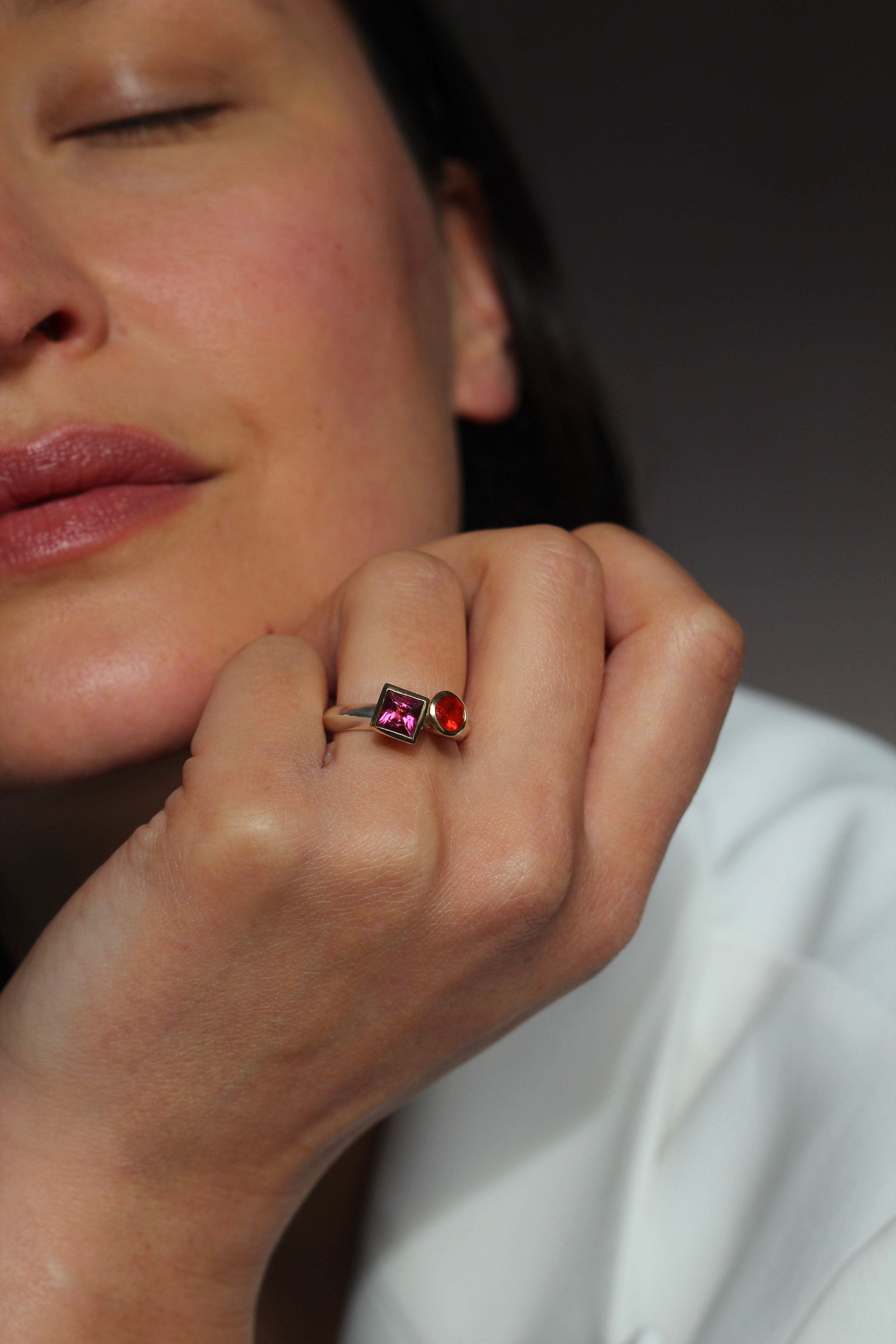 Colours Toi et Moi Ring with Fire Opal and Pink Tourmaline