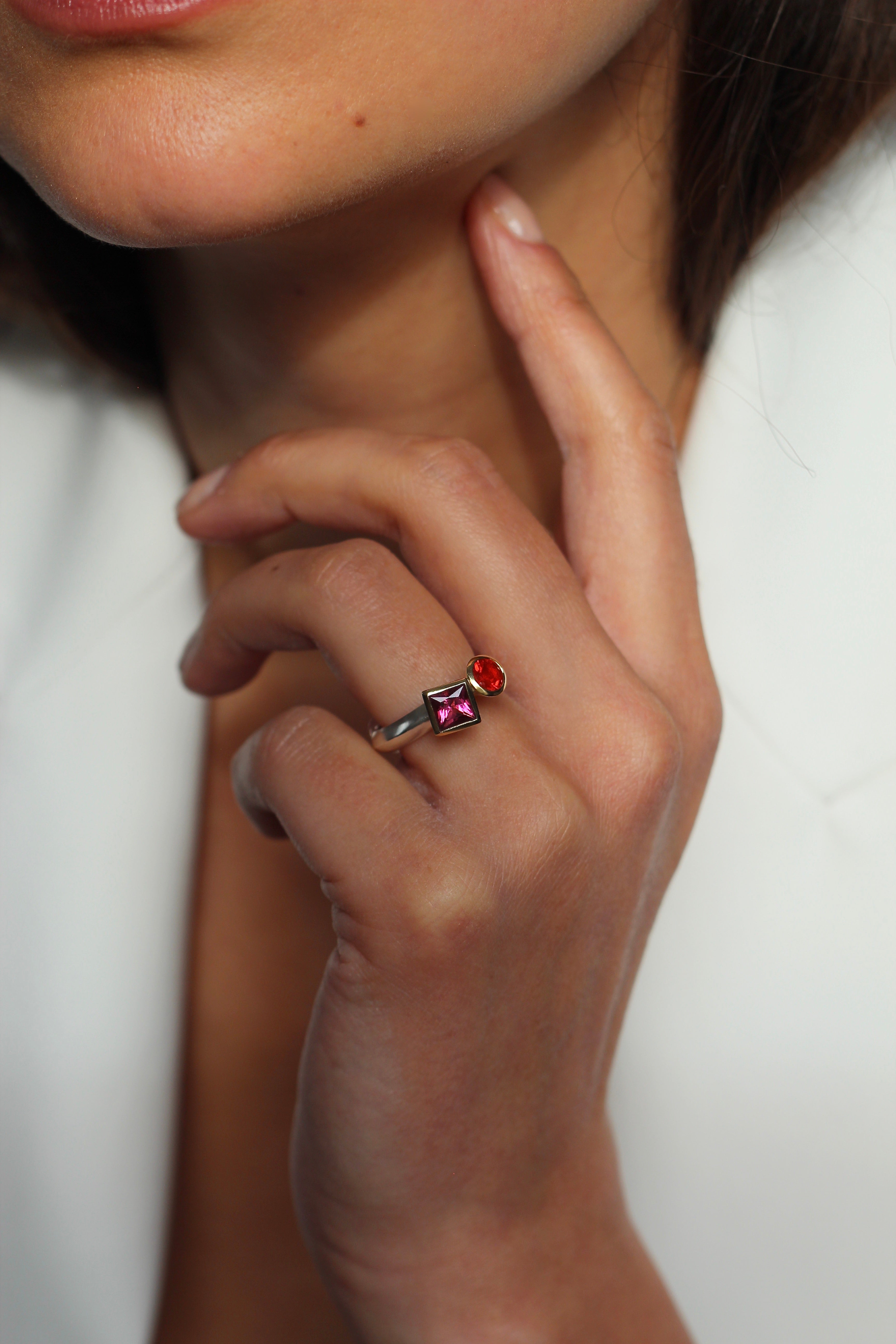 Colours Toi et Moi Ring with Fire Opal and Pink Tourmaline