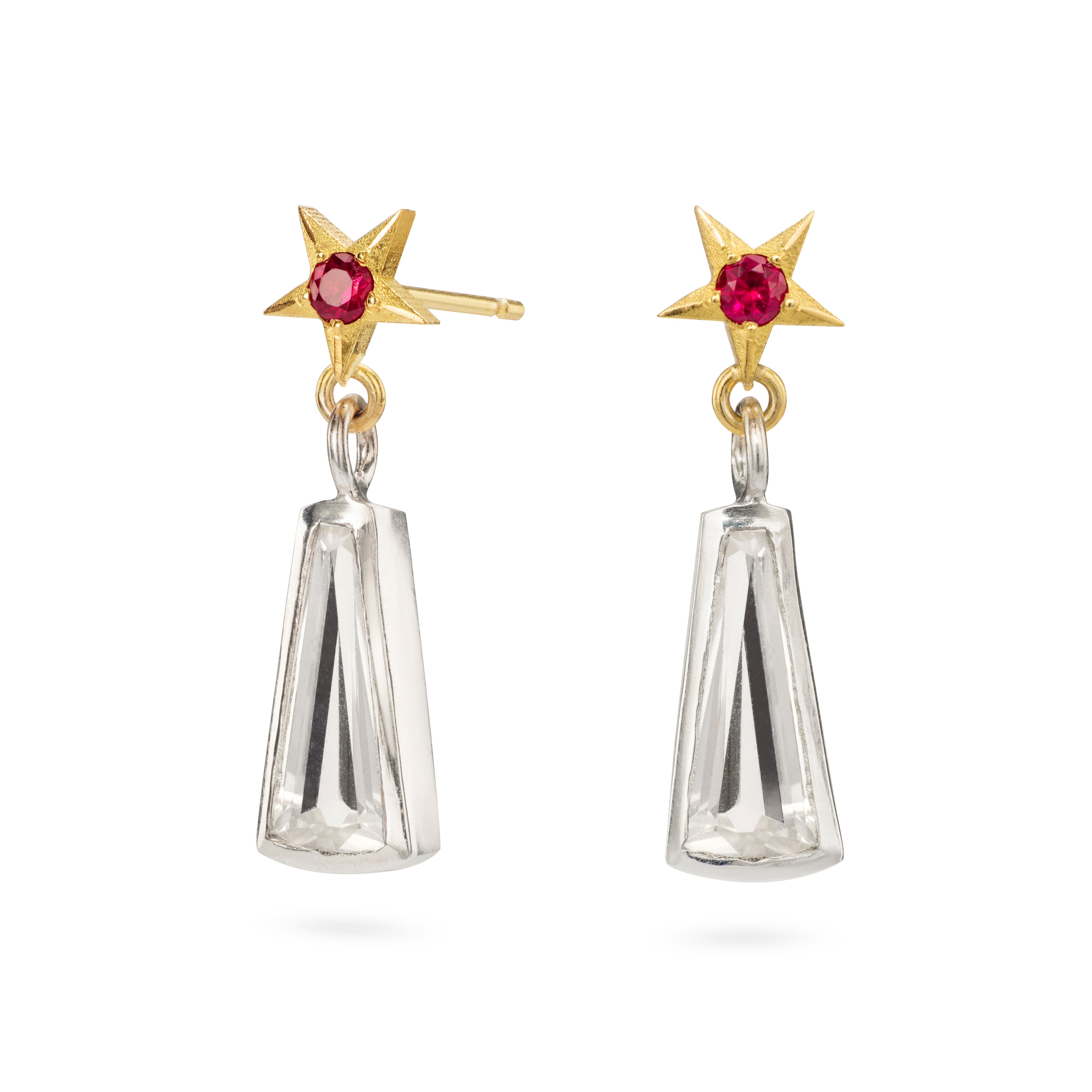 Stella 18ct Gold Star Studs with Ruby and Rose Quartz Drop