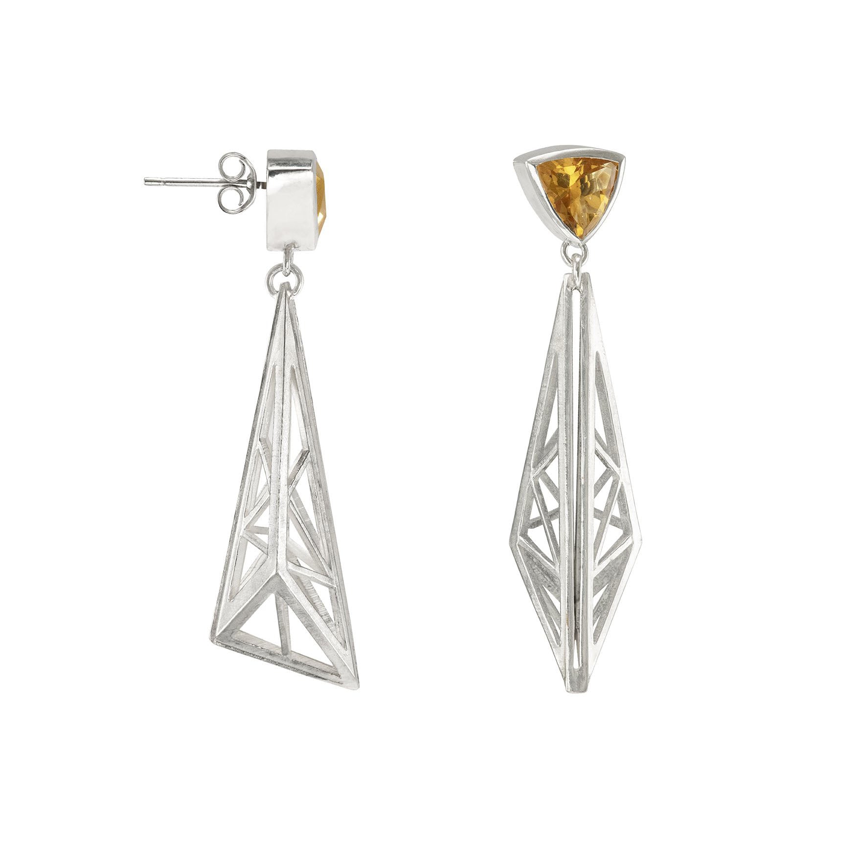 Sterling Silver Corrosion Drop Earrings With a Trillion Cut Citrine