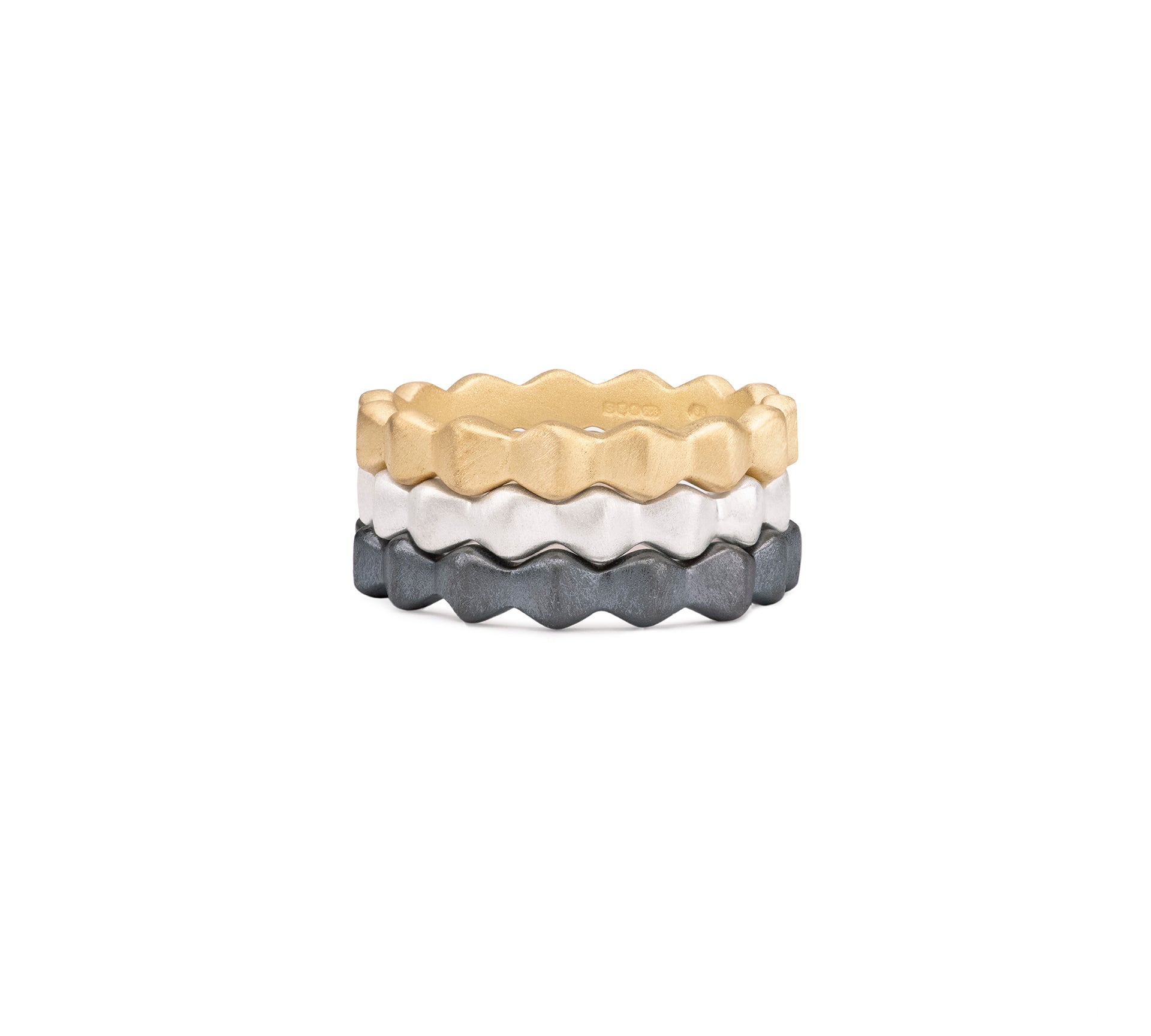 Pyra Stacking Rings in black, silver and gold by Romany Starrs